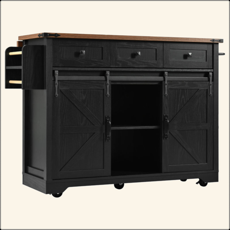 53.7" Farmhouse Kitchen Island With Power Outlet, 2 Sliding Barn Door Kitchen Storage Island With Drop Leaf, Spice Rack Rolling Kitchen Cart On Wheels, For Home, Kitchen And Dining Room