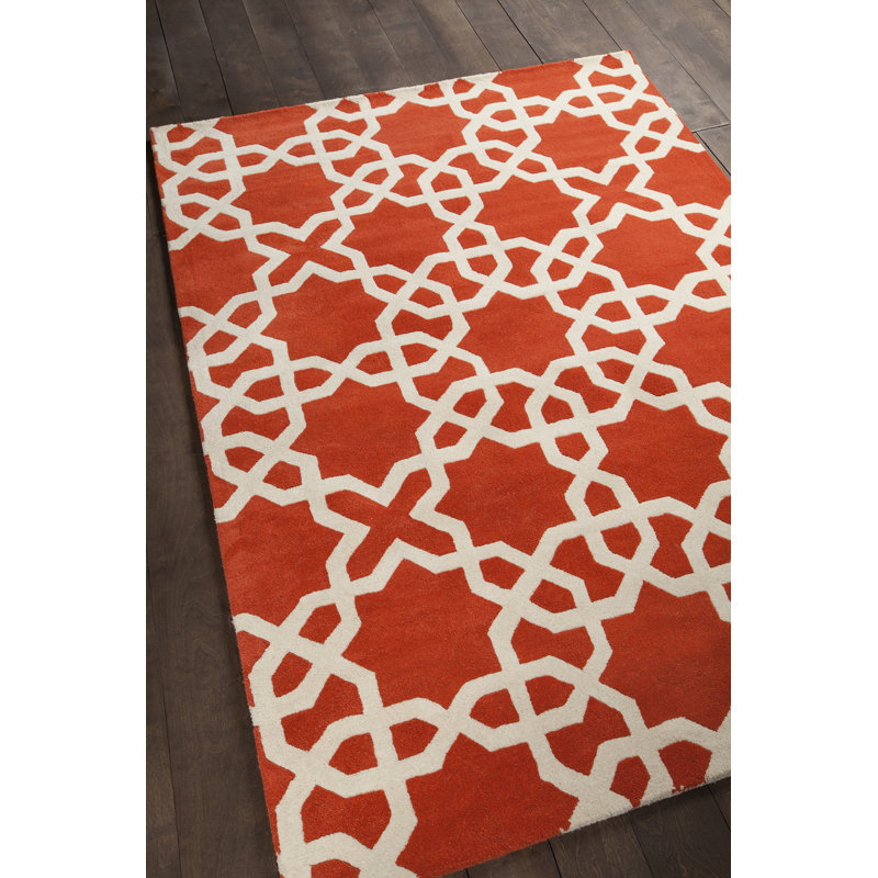 Tapis contemporain en laine touffeté orange / blanc Davin, Rectangle 5 pi x 7 pi