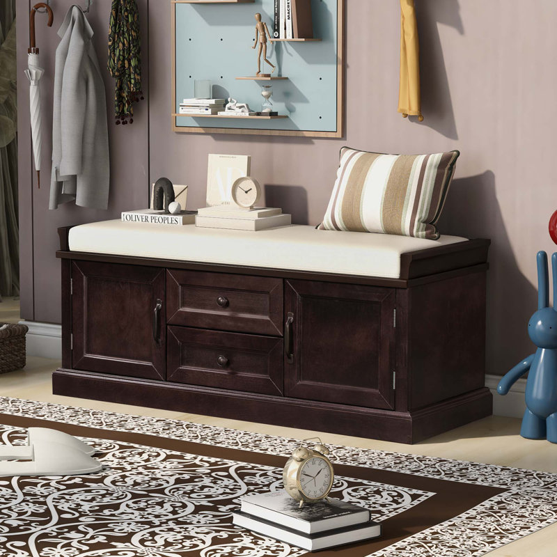 Storage Bench with 2 Drawers and 2 Cabinets, Shoe Bench with Removable Cushion for Living Room, Entryway, Espresso