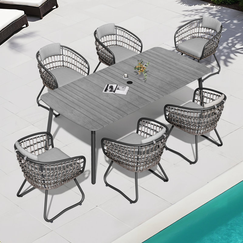 6 - Person Outdoor Dining Set with Removable Cushions and Umbrella Hole, Gray Cushion/Gray Frame