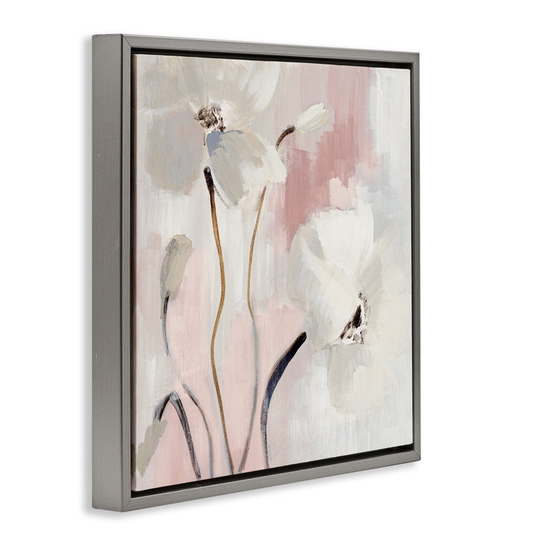 Abstrait, "White Blooms Gray", encadrée par Lanie Loreth, H 18 po x l 18 po, Cadre flottant gris lustré