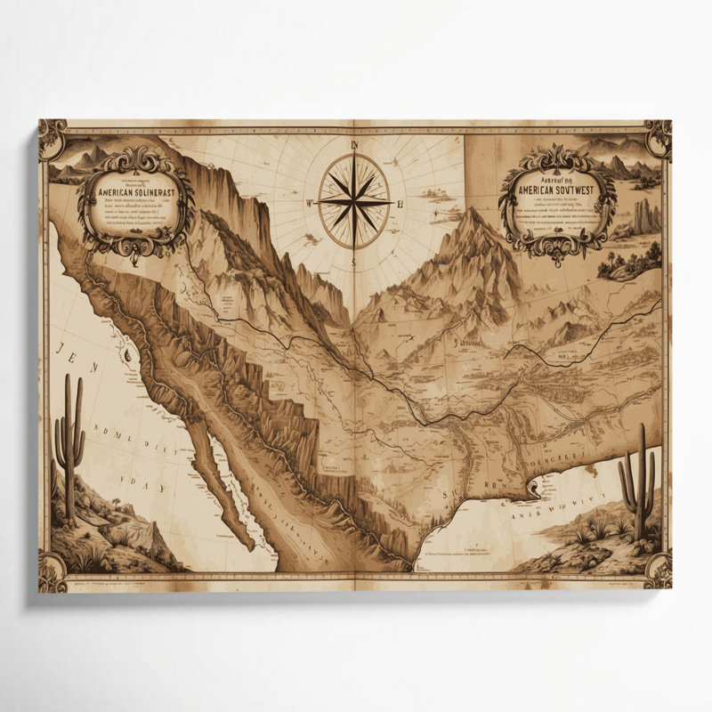 «Southwestern Cowboy Old West Map 74», art mural sur toile beige, H 11 po x l 14 po