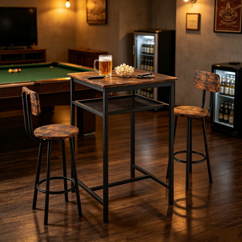 Ensemble de table de bar avec dossier à 2 tabourets de bar et comptoir de cuisine brun rustique à faible encombrement pour petite salle à manger