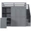 Lit mezzanine pleine grandeur avec garde-robe et bureau en gris, trois tablettes pliables pour un rangement soigné dans la chambre à coucher, créant une étagère grise élégante, bureau intégré, complémentaire aux chambres modernes