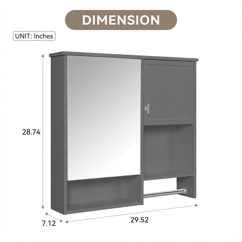 Armoire à pharmacie murale contemporaine avec miroir et barre à serviettes contemporaine, solution de rangement compacte pour articles de toilette et articles essentiels avec tablettes réglables et portes d'armoire doubles