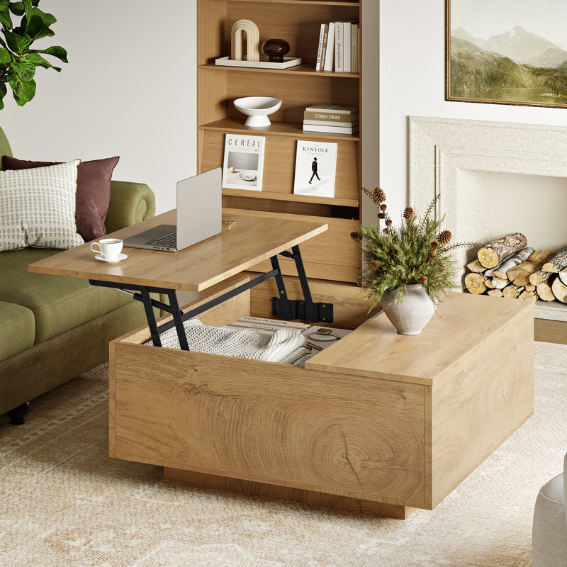 Table basse à plateau relevable 31,5 po avec base en bloc, Marron clair