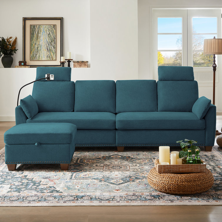 102.36" W Pillow Top Arm L Shaped Sofa with Storage Ottoman and Phone Holder