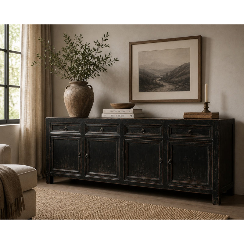 Buffet quatre tiroirs vieilli naturel 93 x 18 x 35 H, Noir mat