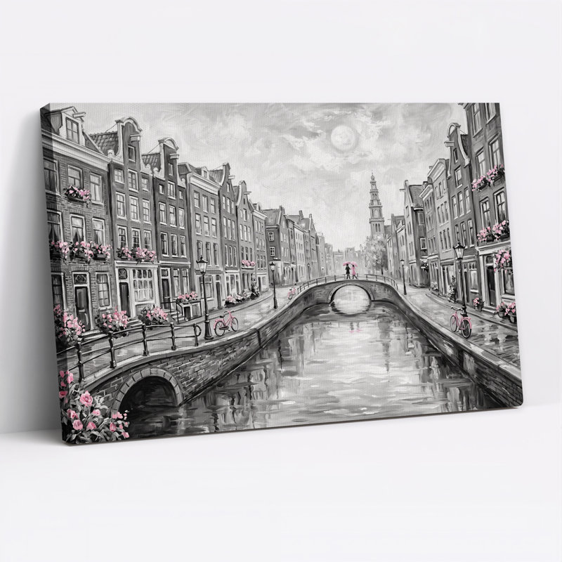 Tableau sur toile représentant un canal en noir et blanc avec des vélos roses et des fleurs, 12"H x 18"W