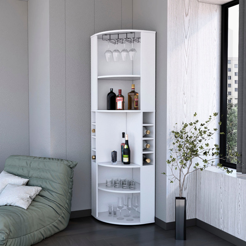 White Living Room Corner Bar Cabinet - 5 Shelves, Ample Storage Space, And Functional With Shelves Space For Glassware,