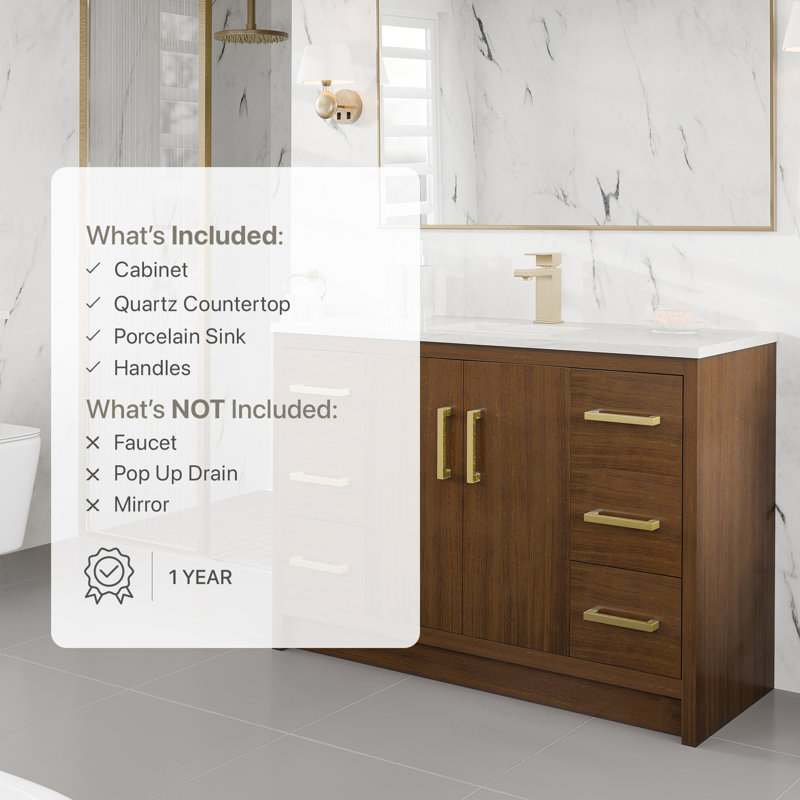 Ilsa 48"W X 18"D Bathroom Vanity With White Carrara Quartz Countertop And Undermount Porcelain Sink, Walnut