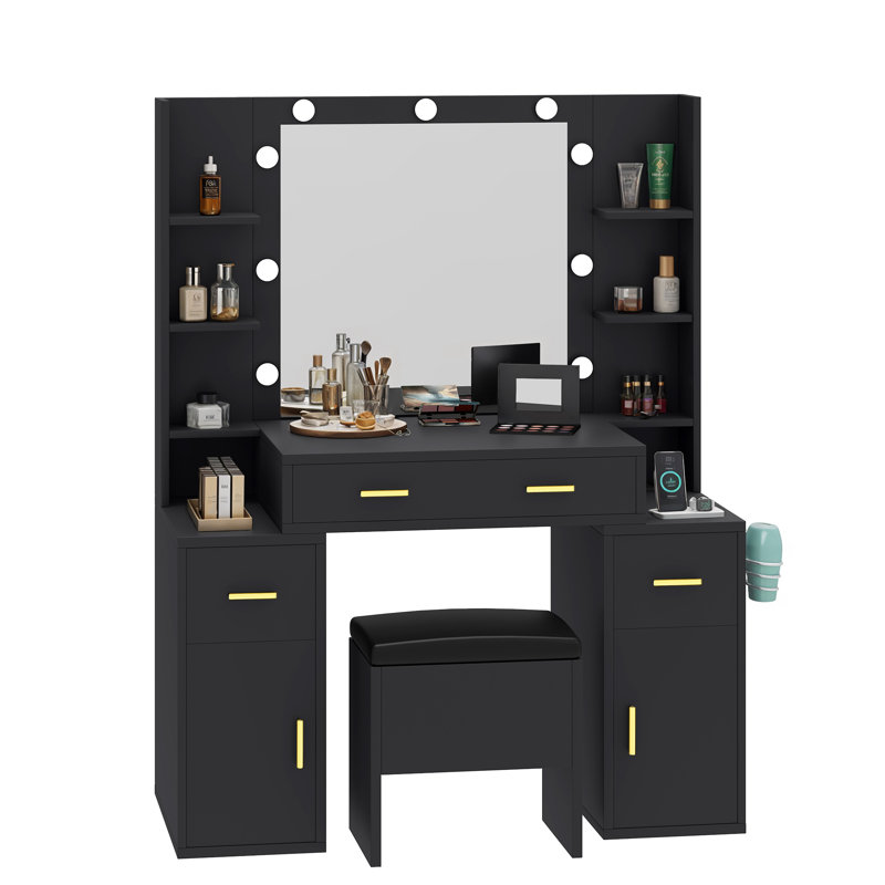 Tabouret de coiffeuse moderne avec miroir rectangulaire, tiroirs et prises de courant USB, Noir, noir, noir, noir