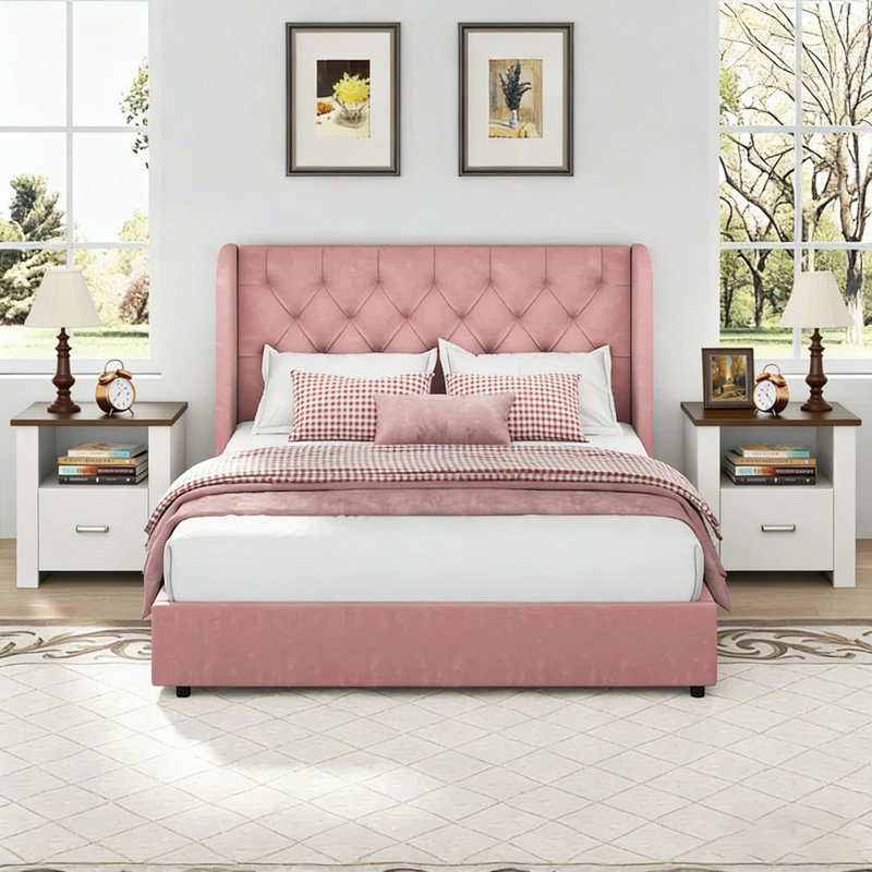 Ensemble de chambre à coucher avec lit à oreilles en velours et 2 tables de chevet à oreilles, Rose, Grand lit