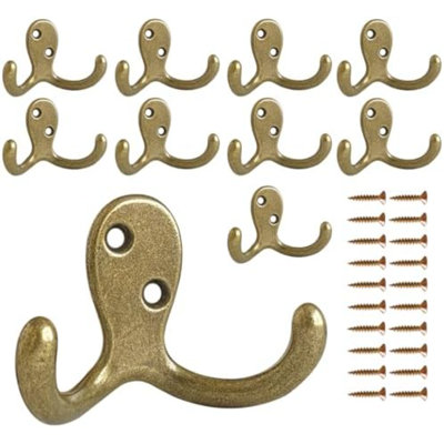 10 Pack Coat Hooks Wall Hooks for Hanging, Heavy Duty Double Prong Metal Hook Wall Mounted for Living Room, Bathroom, Kitchen, Bedroom for Coat, Bag, Scarf, Towel, Hat, Key, Cup (Bronze)