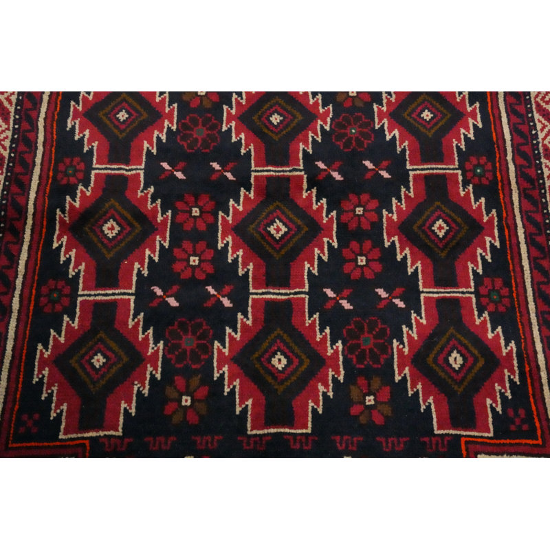 Tapis de zone en laine rouge/bleu marine 3 pi 5 po x 5 pi 11 po one-of-kind à la main-noué la new age balouch Antietam