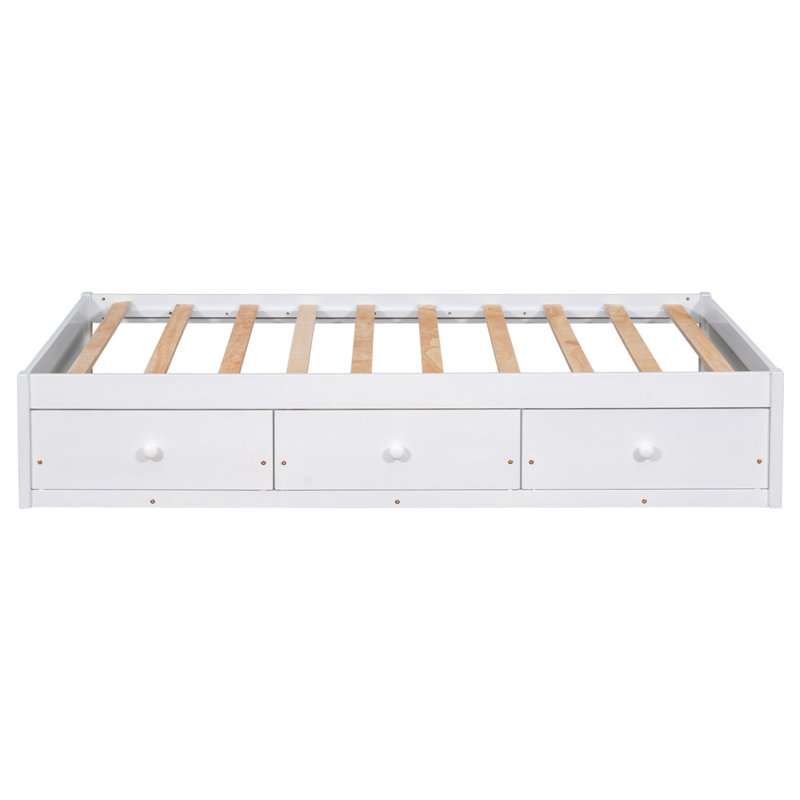 Lit plateforme simple avec rangement en bois massif Kalley, Blanc