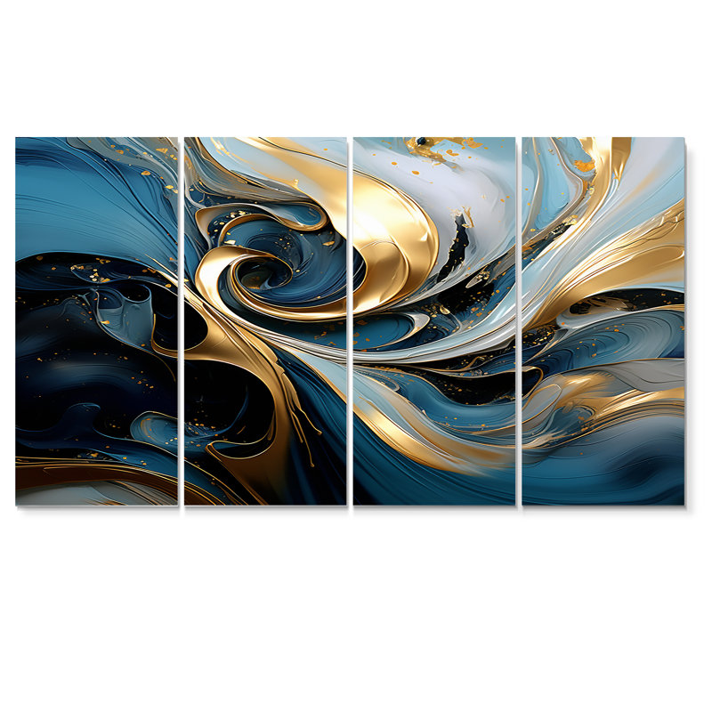 Abstrait bleu sarcelle vagues coucher de soleil doré - ensemble de décoration murale abstraite 4 pièces, H 28 po x l 48 po