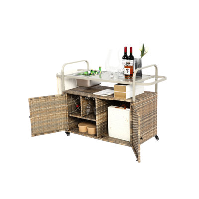 Outdoor Bar Table With Cabinet & Portable Wheels - Beige Cart, Steel Top, Lockable, All-Weather, Side Basket, Easy Installation Patio Basket Serving Lockable Wheels, Simple Assembly Process