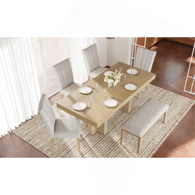 Farmhouse 78.1Inch Extendable Wood Dining Table Set For 6, Kitchen Table Set With Bench And 4 Upholstered Chairs,3.8Inch Thick Tabletop And Trestle Legs For Kitchen, Dining Room