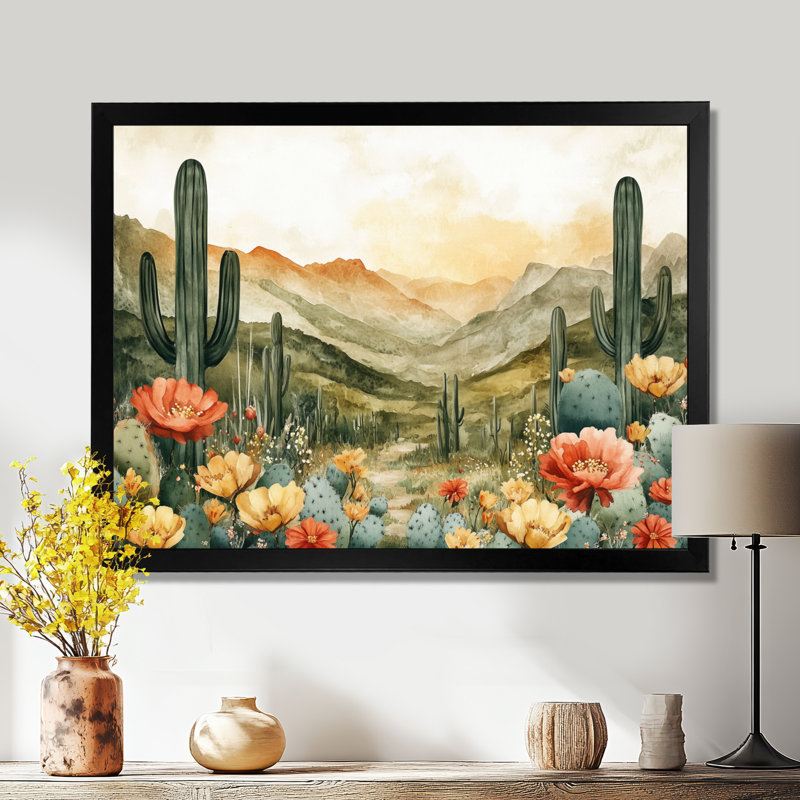 Jardin d'épines du désert - Tableau vert encadré du sud-ouest, 16" H x 32" W, Cadre photo blanc