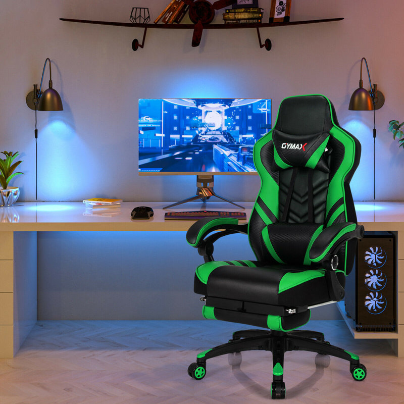 Gymax Adjustable Reclining Ergonomic Faux Leather Swiveling PC & Racing Game Chair with Footrest, Green