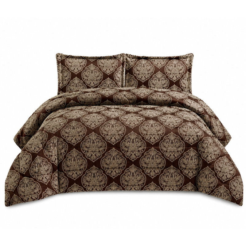 Bridal Jacquard Bedspread With Pillow Sham Set, Floral Printed Coverlet, Decorative Luxury All-Season Bedding, Brown Floral