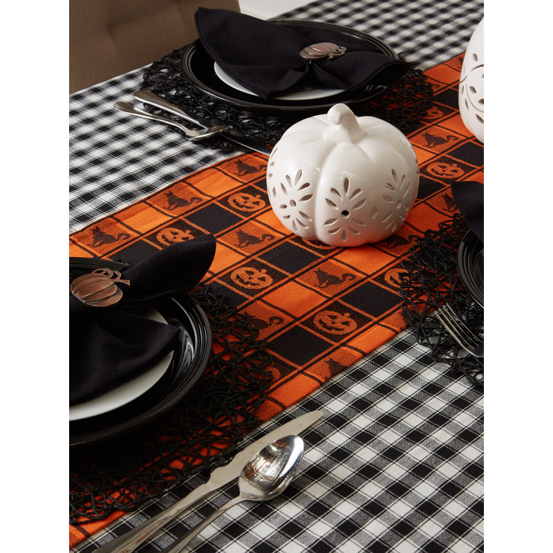 Halloween Orange and Black Cotton Check Table Runner, 72"