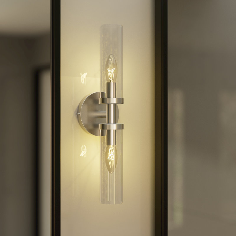 Éclairage pour salle de bain 2 lumières à intensité variable avec abat-jour en verre transparent Arhna, Clair, Nickel