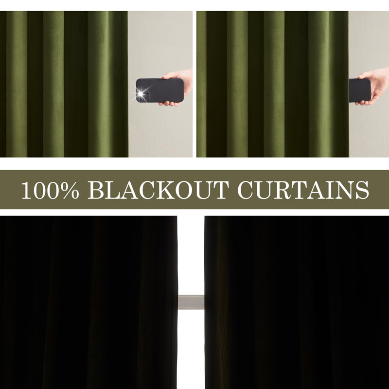 Alicea Velvet 100% Blackout Thermal Curtain Panel , 52" W x 90" L, Olive Green