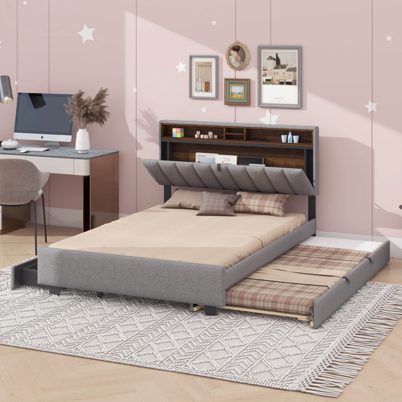 Lit plateforme tapissier avec tête de lit, Lit double , Gris