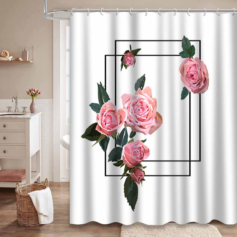 Rideau de douche imperméable à motif floral rose et blanc avec 12 crochets, L 72 po x l 84 po