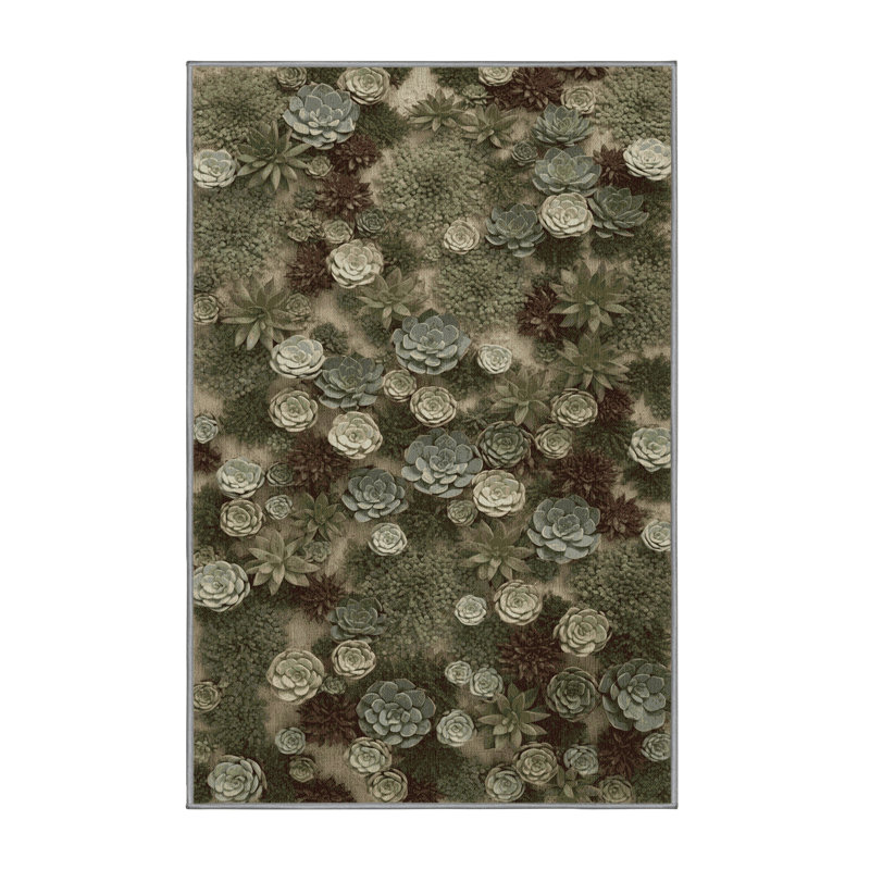 Machine Washable Botanical Brown Area Rug, Rectangle 7' x 9'