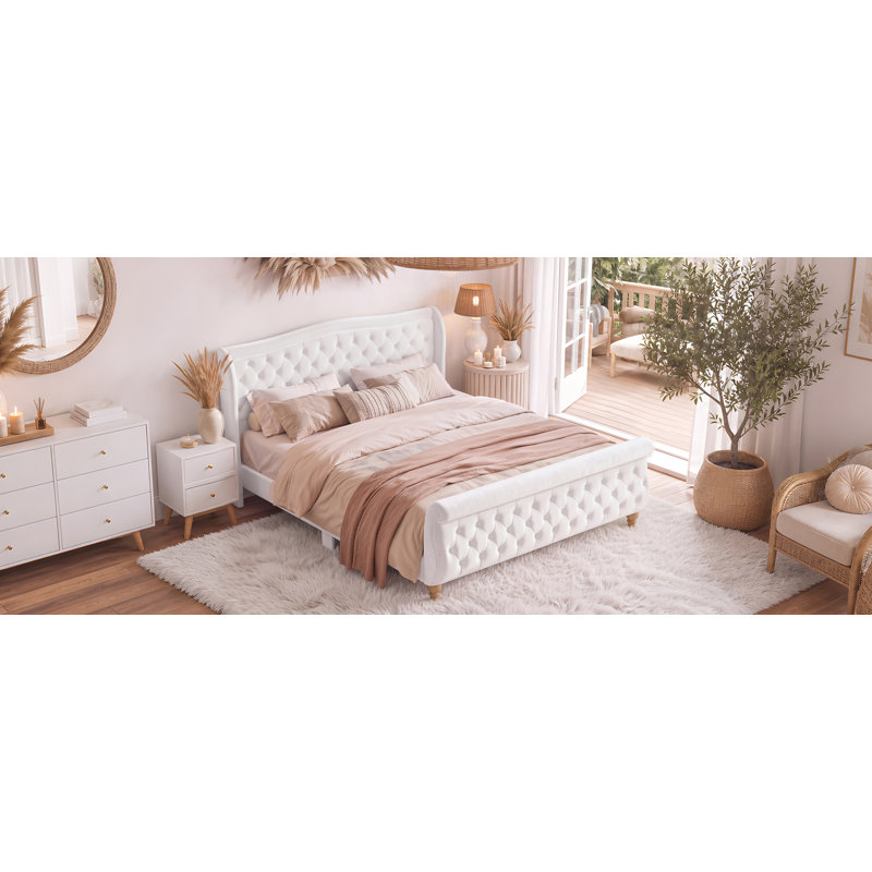 Lit plateforme Verona King en velours avec tête de lit capitonnée à oreilles, Très grand lit, Beige