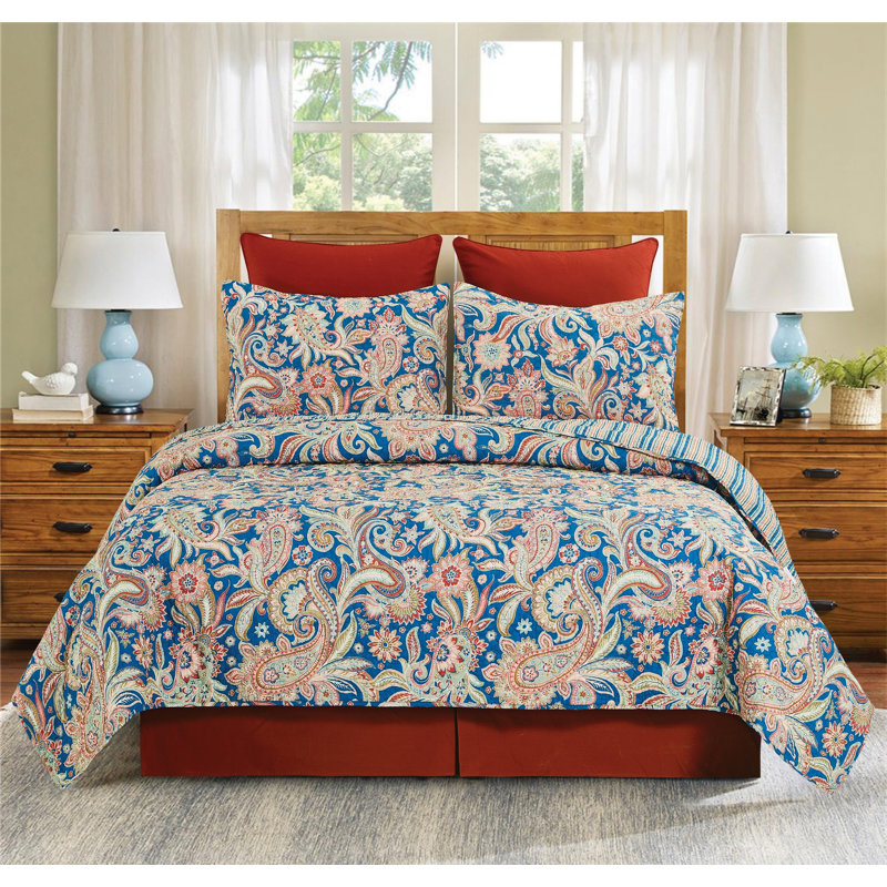 Marla Blue/Orange Cotton Reversible Quilt Set, Queen Quilt + 2 Standard Shams