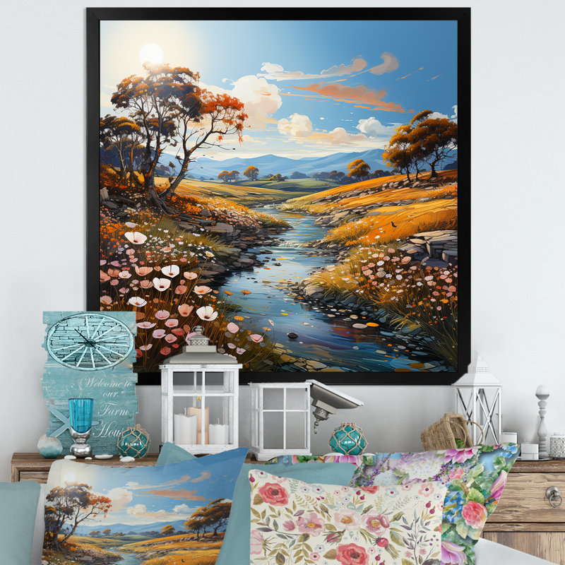 «River Meadow Charm», art liquide I, H 24 po x l 24 po x P 1 po, Cadre simple noir