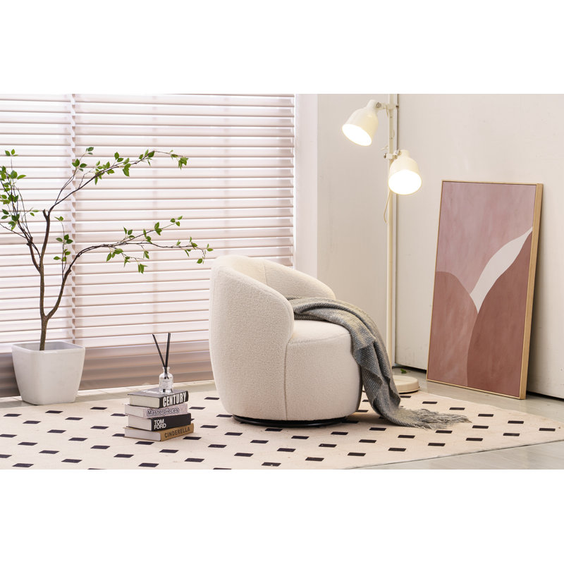 Swivel Accent Armchair Barrel Chair With Powder Coating Metal Ring, Ivory Chenille 1