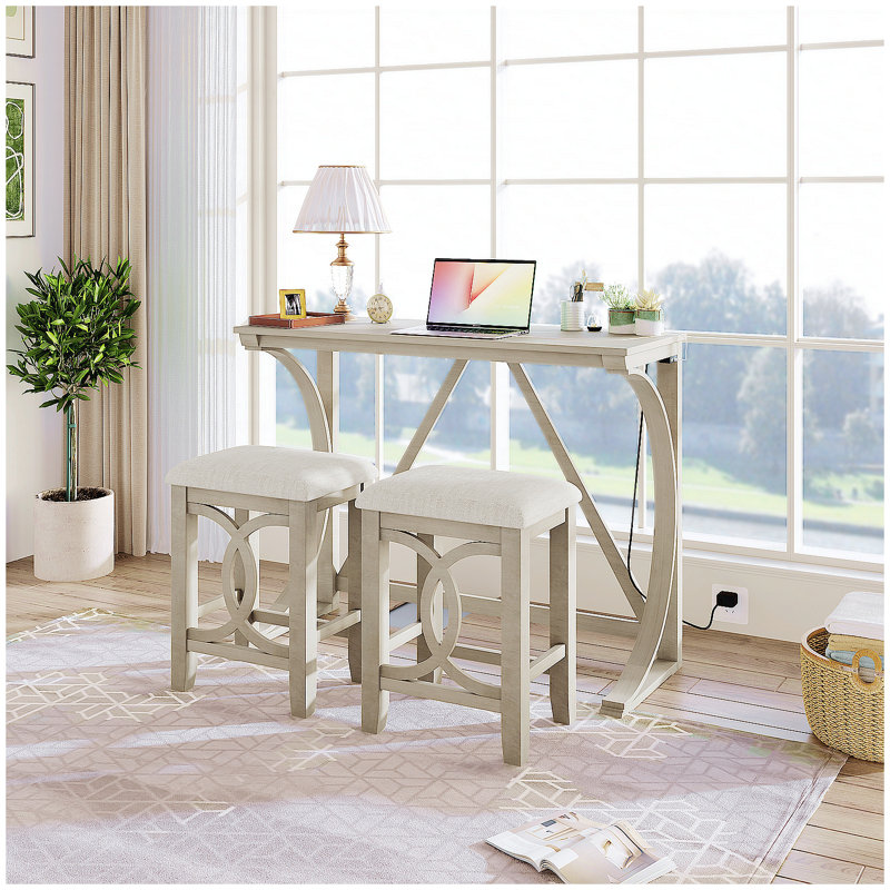 Farmhouse 3-Piece Counter Height Dining Set with USB Port and Upholstered Stools, Milky White Finish, White