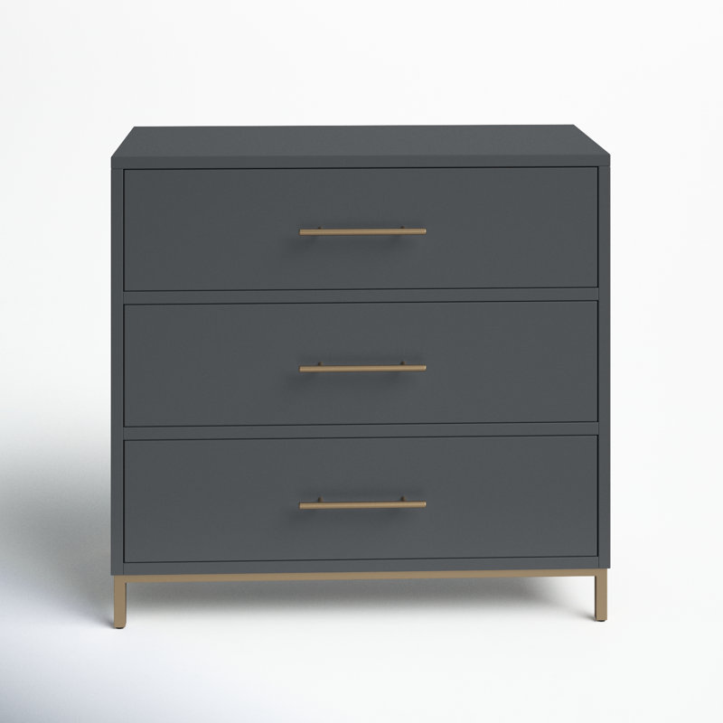 Slate Gray Mahogany 3-Drawer Dresser with Gold Bar Pulls