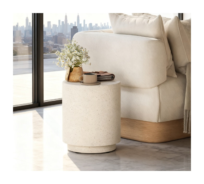 Table d'appoint ronde en béton avec base en acier inoxydable, table d'appoint moderne gris clair