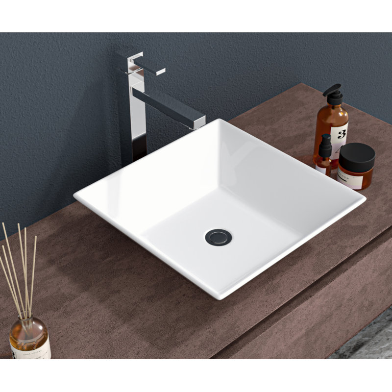 16-Inch White Ceramic Square Vessel Bathroom Sink