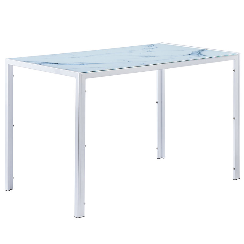 Glass Top Metal Base Dining Table, White/Blue