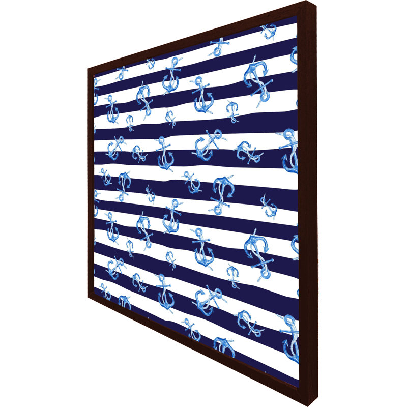 Lunora Blue Anchors on Navy Striped 1 Piece Single Picture Frame Wall Art, 41cm H x 41cm W x 4cm D, Brown Framed