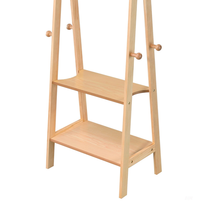 59 Inch Tall Standing Garment And Coat Rack With Multiple Shelves And Hooks, Natural Finish For Efficient Storage, Natural