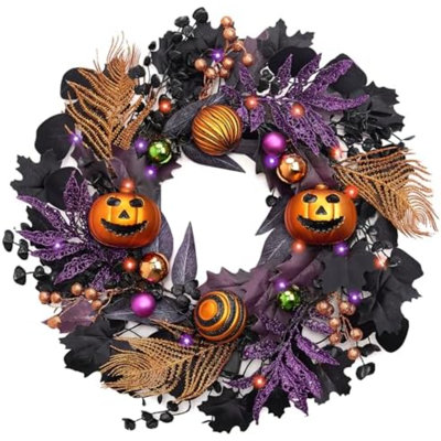 Couronne d'Halloween pour porte d'entrée avec lumières, décorations d'Halloween pour citrouille Jack-O'-Lantern de 18 po pour la maison