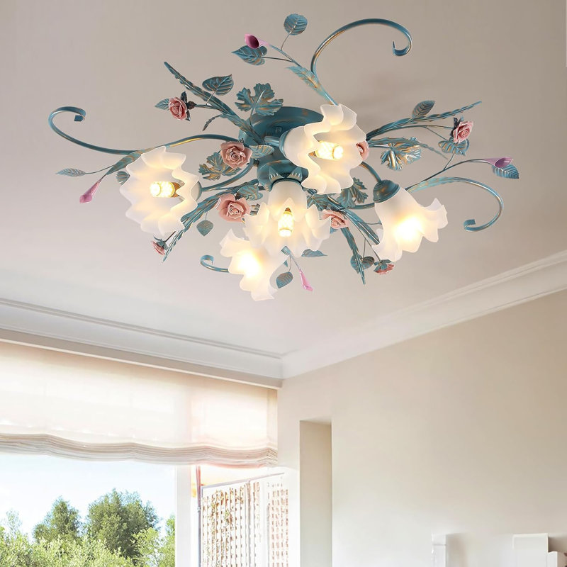 Plafonnier lustre fleur, plafonnier rose en céramique rose à 5 lumières avec abat-jour en verre, plafonnier encastré pour salon, chambre à coucher, salle à manger, couloir, cuisine.