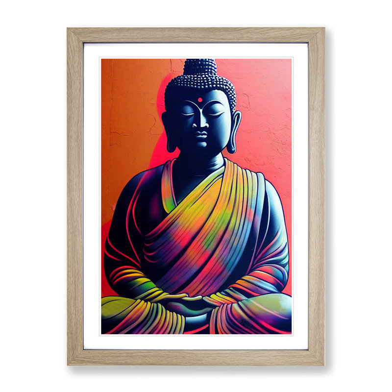 Colourful Buddha No.3 - Wall Art, 66cm H x 48cm W x 2cm D, Oak Framed, White