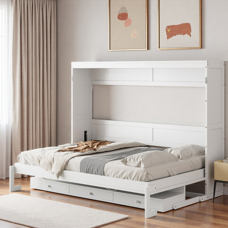 Murphy Bed With Vanity Desk, Center Mirror And 2 Side Drawers, White