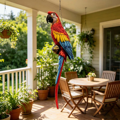 Statue de perroquet ara rouge à suspendre, figurine d'oiseau réaliste en résine peinte à la main de 96,5 cm (38 pouces), pour décoration tropicale intérieure et extérieure.