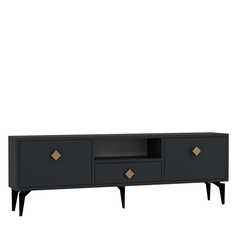 Meuble télé moderne avec plusieurs tablettes, finition anthracite et or, 55,1 po x 19,3 po x 11,8 po | 100% panneau de particules enduit de mélamine, épaisseur: 0,7 pouce | Solution de rangement élégante pour les salons et les espaces de divertissement