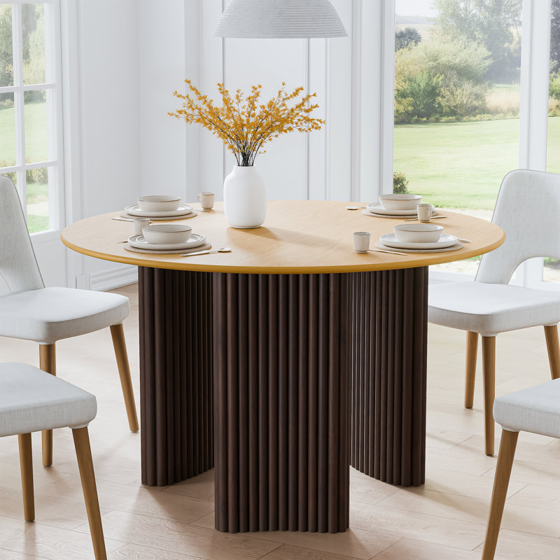 46" Two-Tone Round Oak Wood Dining Table with 3 Legs Modern Kitchen Table with Solid Wood Base for Seats 4, Natural Wood